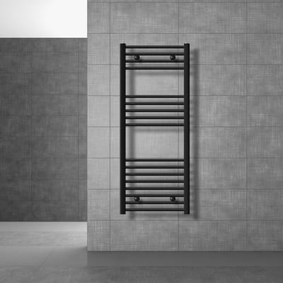 Elektrische badkamerradiator met verwarmingselement 900W 500x1200 mm zwart mat gebogen zijaansluiting & thermostaat LuxeBath