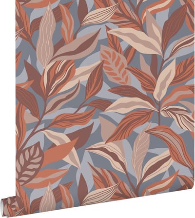 ESTAhome behang tropische bladeren terracotta en blauw - 50 x 900 cm - 132003