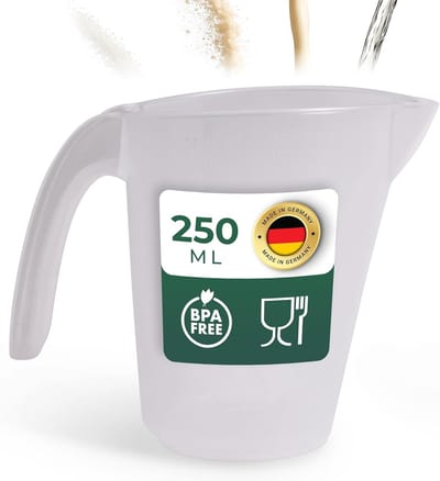 Novaliv maatbeker 250ml, maatbekerset transparant met duidelijke g/ml schaalverdeling voor vloeistoffen bloem & suiker, Made in Germany, vaatwasserbestendig, kunststof mengkom doseerbeker maatbeker