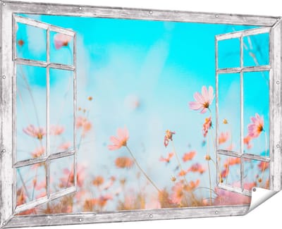 Gards Tuinposter Doorkijk Paarse Kosmos Bloemen - 180x120 cm - Tuindoek - Tuindecoratie - Wanddecoratie buiten - Tuinschilderij