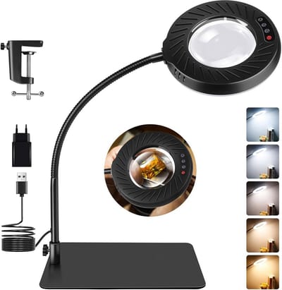 SnelShoppen - Morotty Vergrootglas met Licht - 12x Vergroting Loep met Dimbare LED Tafellamp - 5 Kleurmodi & 9 Helderheidsniveaus voor Handwerk, Schil