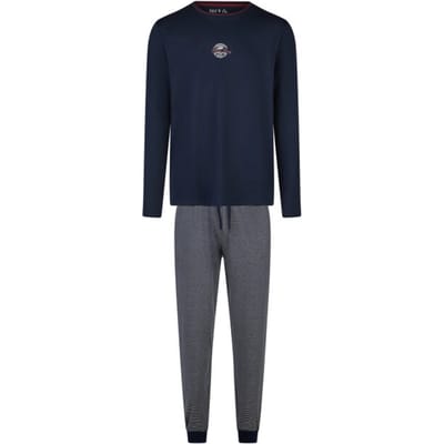 Phil & Co Heren Winter Pyjama Set Lang Donkerblauw/Grijs Gestreept - Maat L