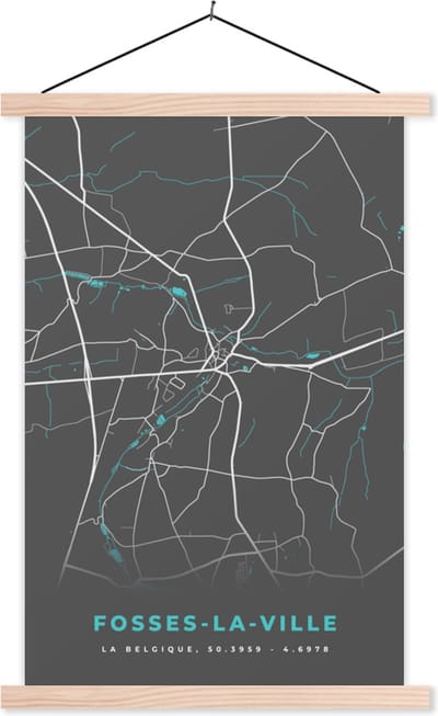 Posterhanger incl. Poster 40x60 cm - Schoolplaat - Plattegrond – Fosses la Ville – Blauw – Stadskaart - Kaart - Textielposter - Blanke latten - Stadskaart