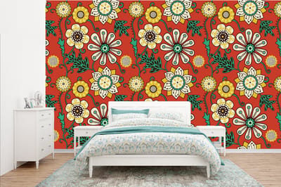 Behang - Fotobehang Design - Bloemen - Hippie - Retro - Breedte 385 cm x hoogte 240 cm