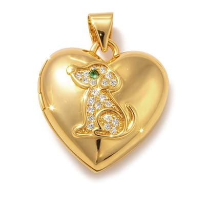 Foto medaillon hanger - locket - goudkleurig - hart - hondje - strass steentjes - 2x2 cm