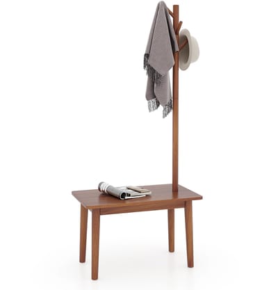 COSTWAY 3-in-1 bijzettafel van massief hout, kapstok met schoenenbank en 3 haken, vrijstaande kledingstandaard, multifunctioneel voor slaapkamer, woonkamer, hal