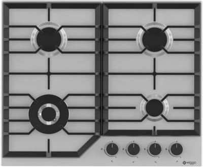 Wiggo WH-G634RL(X) - Inbouw Gaskookplaat - Wok brander - 60 cm - 4 Kookzones - Gietijzeren pannendragers - 5 jaar garantie - Roestvrijstaal
