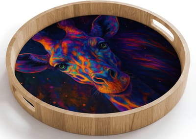 Dienblad rond 40x40 cm - Schootdienblad hout - Giraffe - Gekleurd - Verfspatten - Borrelplank rechthoek - Plateau houten dienbladen