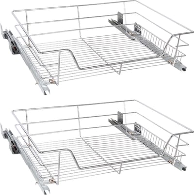Eleganca draadmand met Ondergeleider en Soft Closing - Schuiflade keukenkast- B41.5 cm, H14 cm & D44.5 cm - Uitschuifbaar keukenrek - Geschikt voor kastjes met frontbreedte van 50 cm - Inbouwlade - Maximale draagkracht 20 kg- RVS - Zilver - 2 Stuks