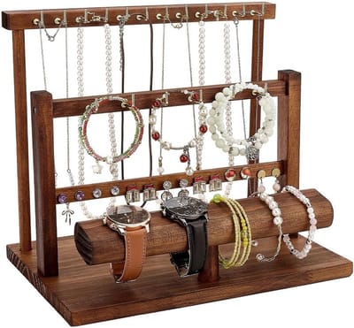 3 Niveaus Houten Sieradenorganizer - Oorbellenhouder, Display voor Horloges en Sieraden, Perfect voor Tentoonstellingen en Organisatie