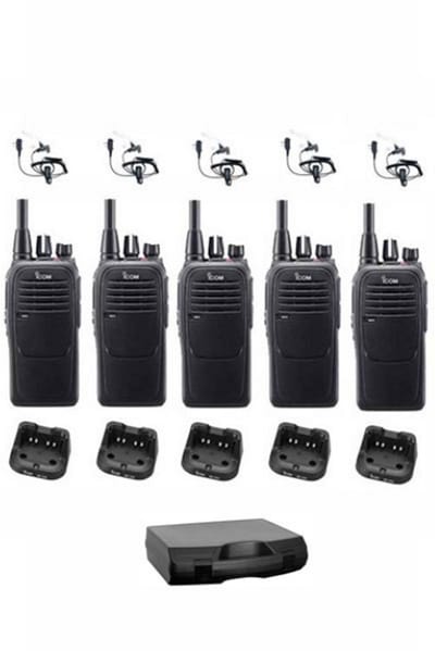 Set van 5 Icom IC-F29SR2 UHF PMR446 IP67 Waterdicht met beveiliging oortje en koffer