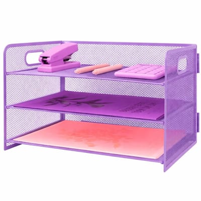 Brievenbak van metaal met handvat, A4-inzetstuk in dienblad, bureau-organizer, documentenhouder, documentenhouder, tijdschriftenhouder, papier, magazijn, organizer, paars