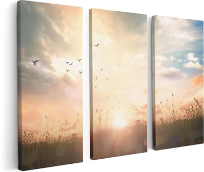 Artaza Canvas Schilderij Drieluik Silhouet Vogels Tijdens Zonsopkomst - 120x80 cm - Wanddecoratie Woonkamer - Schilderijen - Muurdecoratie