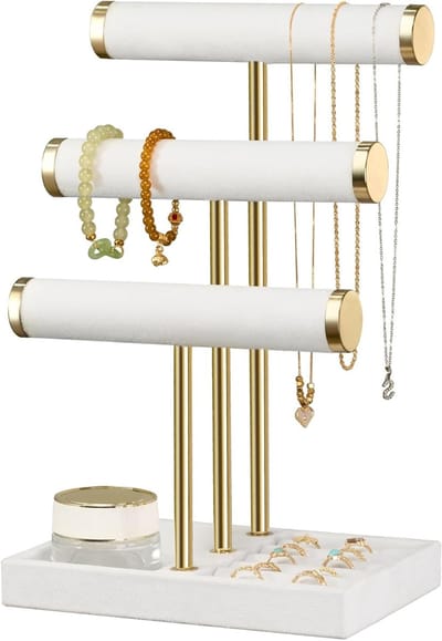 3-laags Sieraden Organizer - Witte Sieradenstandaard voor Armbanden, Verwijderbare T-vormige Sieradenhouder, Fluwelen Armbandhouder, Voor Kettingen, Horloges en Ringen