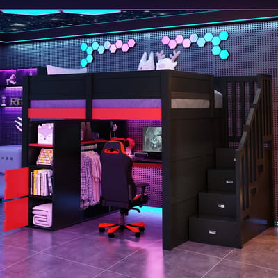 MODFU Hoogslaper 140x200 cm – Gaming Design Zwart/Rood – Met Bureau, LED & USB – Opbergtrap met 3 Vakken – MDF/Multiplex – Ultieme Battlestation voor Gamer of Student