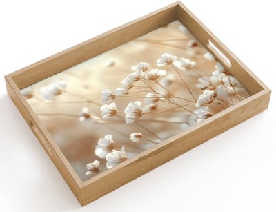 Dienblad hout 40x30 cm - Schootdienblad - Wilde - Bloemen - Wit - Borrelplank rechthoek - Plateau dienbladen