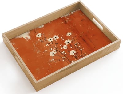 Dienblad hout 40x30 cm - Schootdienblad - Bloemen - Wit - Subtiel - Roestkleur - Borrelplank rechthoek - Plateau dienbladen