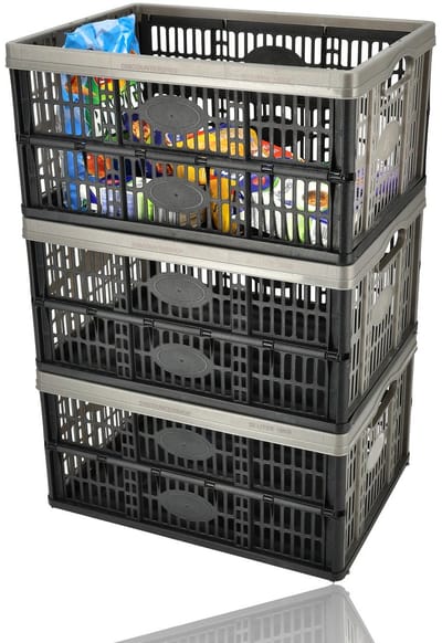 Vouwkrat 32 Liter – Set van 3 – Belastbaar tot 10 KG – Opvouwbare Kratten – Inklapbare Boodschappenkrat – Stapelbaar – 48x35x23 cm – Zwart