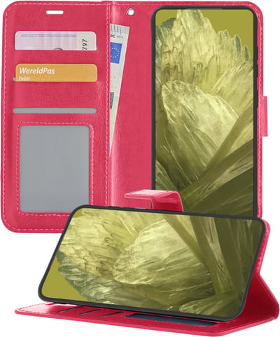 Hoesje - Met Pasjeshouder - Geschikt voor Google Pixel 8a - Luxe Bookcase Portemonee - Flip Case - Kunstleer Book Case - Flipcase - Book Cover - Walletcase - Portemonneehoes - Telefoonhoesjes - Donkerroze