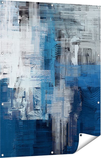 Gards Tuinposter Abstracte Kunst - Blauw Witte Penseelstreken - 90x120 cm - Tuindoek - Tuindecoratie - Wanddecoratie buiten - Tuinschilderij