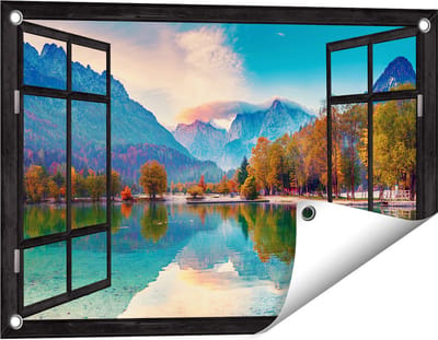 Gards Tuinposter Doorkijk Meer - 60x40 cm - Tuindoek - Tuindecoratie - Wanddecoratie buiten - Tuinschilderij