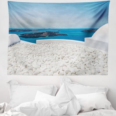 ABAKUHAUS Reiswandtapijt en sprei, Santorini-eiland, 150 x 110 cm, turquoise en wit