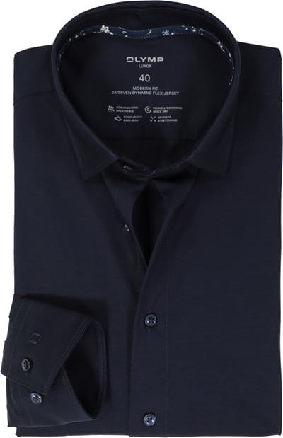 OLYMP 24/7 modern fit overhemd - tricot - marine blauw - Strijkvriendelijk - Boordmaat: 40