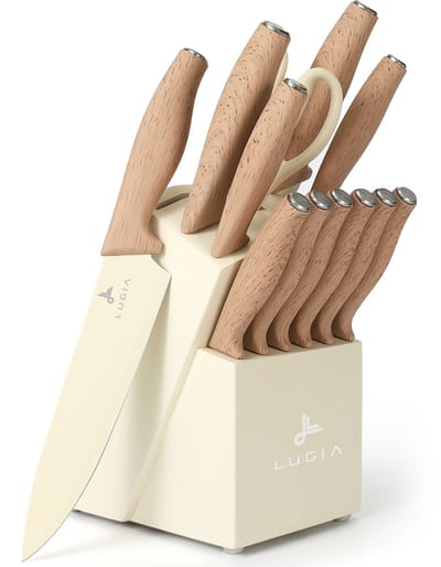 Lugia Messenset - Messenblok 13 delig - Broodmes, Koksmes, Vleesmessen en Schaar Messenset met blok - Keukengerei - Beige
