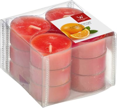 Trend Candles geurtheelichtjes/waxinelichtjes - 12x - sinaasappel geur - 4 branduren -transparante cup