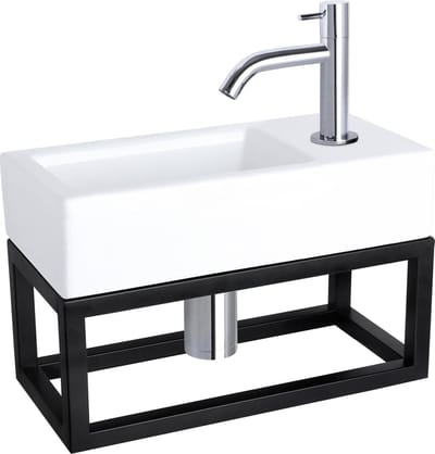 Differnz Ravo fonteinset - 38.5x18.5x25cm - Rechthoek - 1 kraangat - Gebogen chromen kraan - met zwart frame - Keramiek Wit