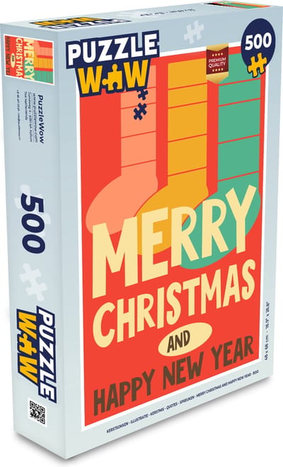 Puzzel Kerstsokken - Illustratie - Kerstmis - Quotes - Spreuken - Merry Christmas and Happy New Year - Rood - Legpuzzel - Puzzel 500 stukjes - Kerst - Cadeau - Kerstcadeau voor mannen, vrouwen en kinderen