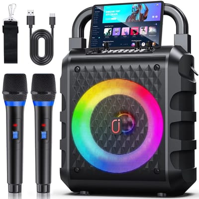 CreateEcom Karaoke Set - 2 draadloze microfoons - Draadloze luidspreker - draagbare Bluetooth - Verschillende aansluitingen - LED licht - zwart