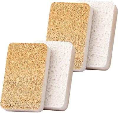 Loofah Schuurspons 4 Stuks - Dubbelzijdige Afwasspons - Afwas Pad - Keukenspons van Loofah en Spons - Plantaardig - Niet Krassend - Afwasspons - Keukenspons - Natuurspons - Schuurspons - Herbruikbaar