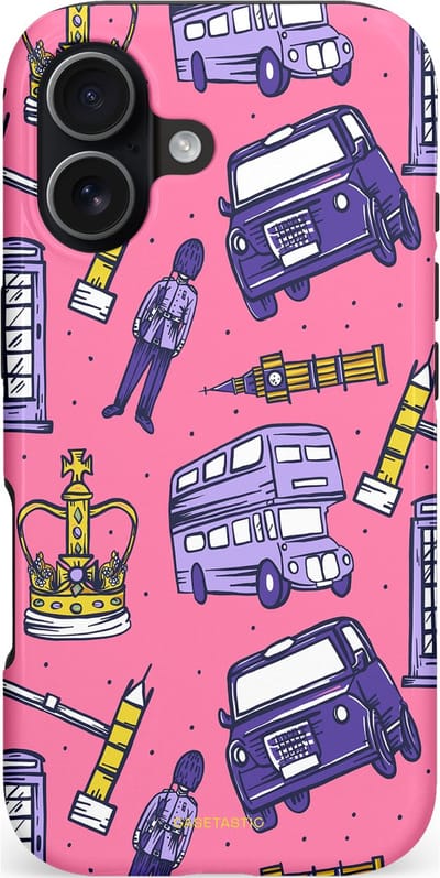 Casetastic hoesje geschikt voor Apple iPhone 17 - MagSafe - Dubbellaagse bescherming - Brits London Roze Avontuur - Londen - Fashion Case - Koraal Lavendel Grijs Donkerblauw