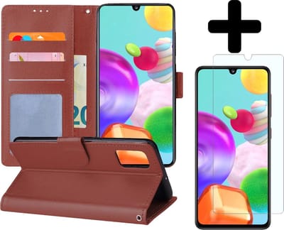 Hoesje - Met Screenprotector - Geschikt voor Samsung Galaxy A41 - Luxe Pasjeshouder - Flipcase - Bookcase Portemonee - Flip Case - Kunstleer Book Case - Book Cover - Walletcase - Portemonneehoes - Telefoonhoes - Bruin