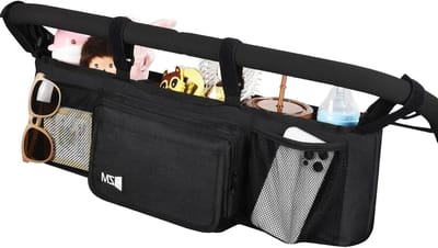 Dubbele Kinderwagen Organizer - Ouderconsole Caddy - Baby Uitjes - 6 Opbergvakken - 66-78.7 cm breed - Zwart