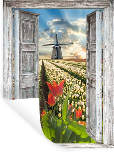 Muurstickers - Sticker Folie - Bloemen - Molen - Lente - Doorkijk - 30x40 cm - Plakfolie - Muurstickers Kinderkamer - Zelfklevend Behang - Zelfklevend behangpapier - Stickerfolie