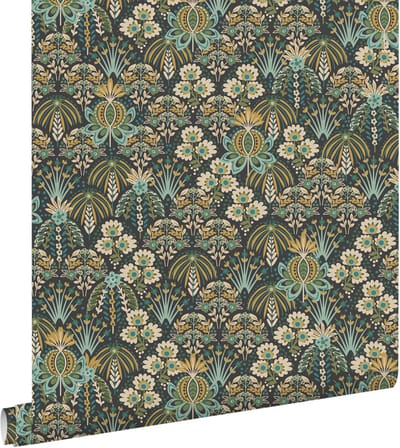ESTAhome behang vintage bloemen in art nouveau stijl vergrijsd groen, blauw en beige - 50 x 900 cm - 130994