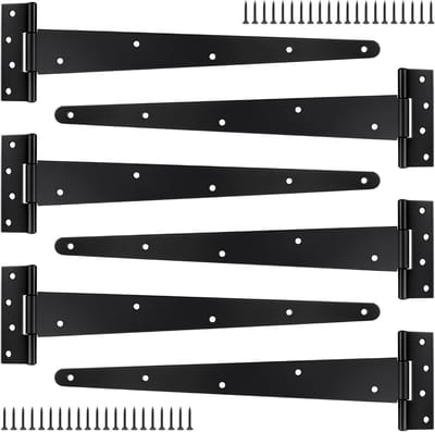 Zwarte T-scharnieren 400 mm (16 inch) - 6 stuks zware poortscharnieren voor houten deuren en tuinpoorten, inclusief bijpassende schroeven en duurzame bevestiging