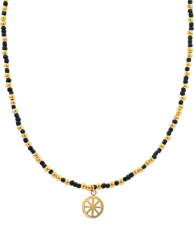 CO88 Collection 8CN-26302 Stalen Ketting met Kralen - Dames - Goudkleurig - 3 mm - Zwart - 2,5 mm - Fantasie - 10 mm - Lengte 70 + 7 cm