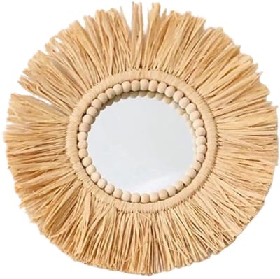 Dailygoods- Wandspiegel Ronde Decoratie - Wanddecoratie met Touw - Acryl Spiegel - Lichtgewicht - Diameter 40cm - Handgemaakt Stro