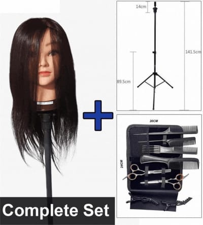 Guardian Beauty Oefenhoofd - 100% Natuurlijk Krullend Haar - 54 cm - Zwart - Met Oefenhoofd Houder en Kappersset - Verstelbare Statiefstandaard
