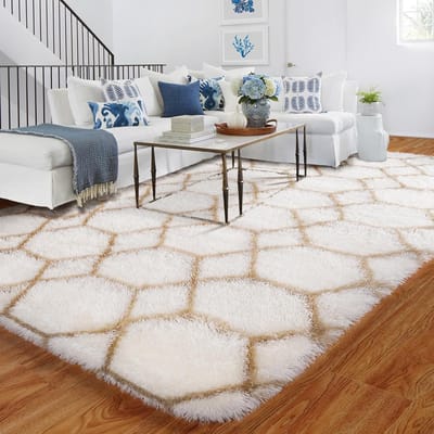 Zachte Vloerkleed - Hoogpolig Kleed - Woonkamer Decoratie - Antislip Onderkant - 90 x 150 cm - Wit Beige