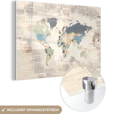 ® Glasschilderij 120x80 cm - Schilderij acrylglas - Wereldkaart - Vintage - Pastel - Foto op glas - Muurdecoratie woonkamer - Wanddecoratie slaapkamer - Schilderijen