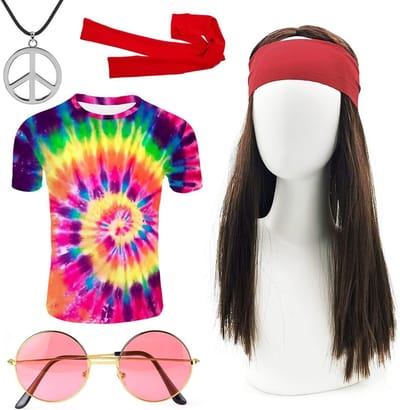 Hippie Kostuums en Accessoires voor Feestjes - T-Shirt, Wimpers, Zonnebril, Vredesketting en Hoofdband voor Mannen en Vrouwen uit de Jaren 60 tot 90