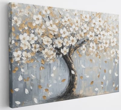 Saammp Canvas Schilderij - Boom met witte bloemen - Abstract - 30x20 - Foto op canvas - Wanddecoratie - Muurdecoratie Woonkamer - Slaapkamer decoratie - Canvas Print