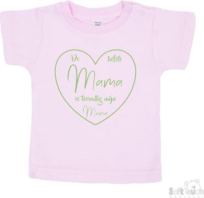 Soft Touch T-shirt Shirtje Korte mouw "De liefste mama is toevallig mijn mama" Unisex Katoen Roze/sage green (salie groen) Maat 62/68