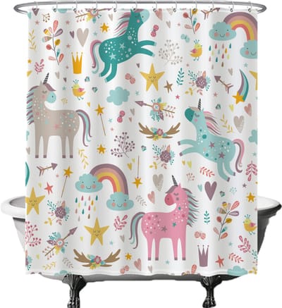 Ulticool Douchegordijn Anti Schimmel – Unicorn / Eenhoorn - 180x200 cm – Inclusief Ringen – Waterdicht & Wasbaar - Semi Transparant - wit roze blauw