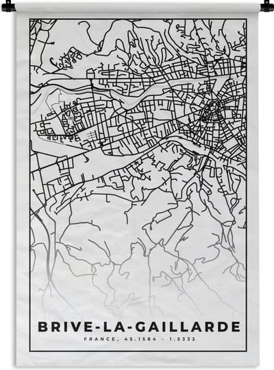 Wandkleed - Wanddoek - Kaart - Brive-la-Gaillarde - Plattegrond - Frankrijk - Stadskaart - Zwart wit - 120x180 cm - Wandtapijt