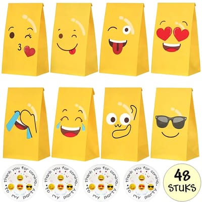 Fako Bijoux - 48 Uitdeelzakjes + Stickers - Emoji / Smiley - 12x8x22cm - Stevig Papier - Traktatie Zakjes - Papieren Zakjes - Cadeau Zakjes - 8 Verschillende Prints - Kraftpapier - 48 Stuks